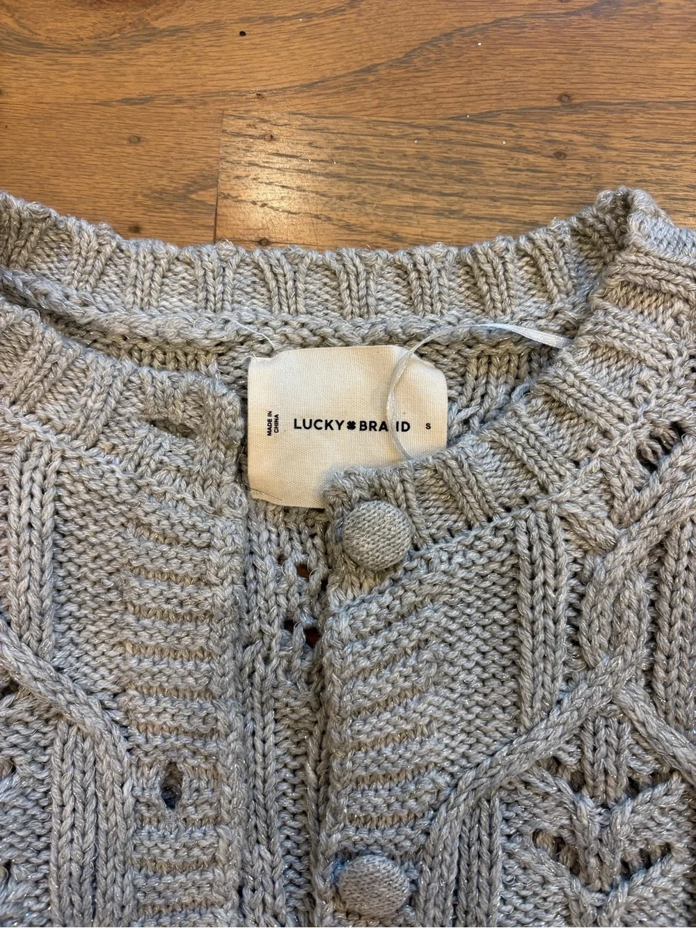Wool-Blend Light Gray Sparkly Knit Button-Front Cardigan Sweater